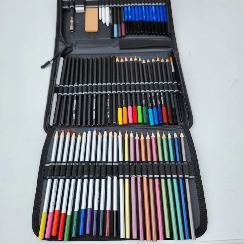 NEW 74 Piece Art Kit Supplies Watercolor Pencils Charcoal Travel Case Colored Pe